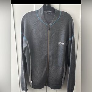 BOSS Men's Charcoal and Blue Zip-Up Sweater in mixed Wool